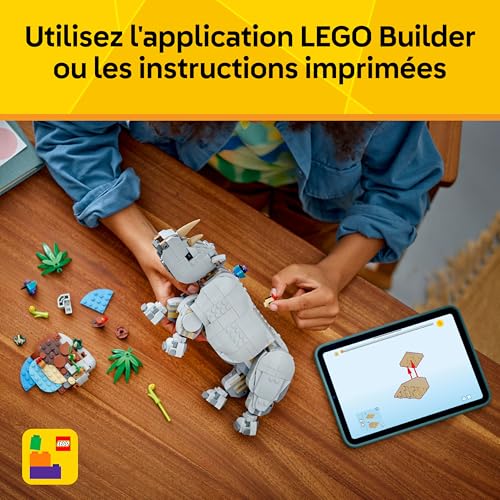 LEGO Creator 3-en-1 Animaux Sauvages : Le Rhinocéros Majestueux et Les Oiseaux - Jouet avec Figurine d'animal se Transformant en Maquette d'Hippo ou en Morse - Cadeau Garçon ou Fille dès 9 Ans 31171