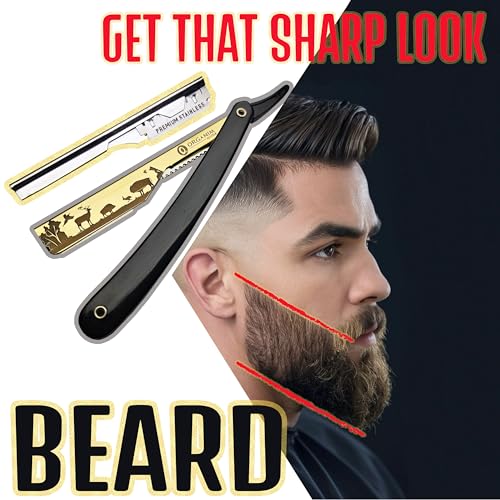 Image of Barber Shaving Razor for Men | Foldable Stainless Steel Straight Razor with Handle | Manual Beard Shaving and Trimming Razor for Barbers, Salons and Home Grooming (Golden)