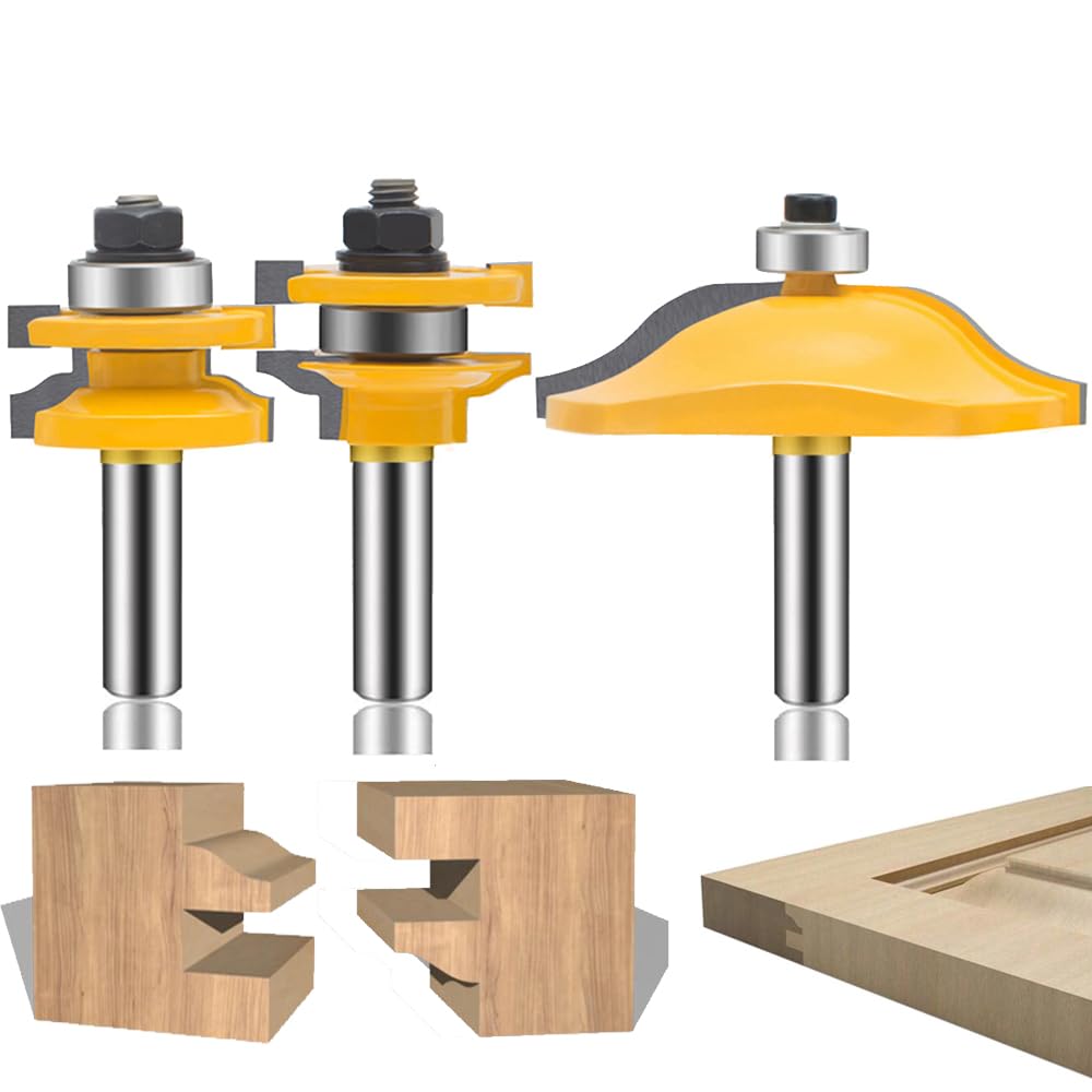MAYLINE 1/2 Inch Shank Tongue and Groove Router Bit Tool Set 3PC Rail Stile Wood Panel Milling Cutter, Cabinet Door Drawer Router Bits Sets Woodworking for Router Table/Base Router(Gold)