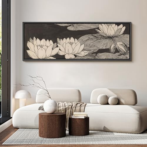 Image of MUDECOR Large Framed Canvas Print Wall Art Vintage Lotus Flower Line Art Botanical Black and Beige Antique Retro Ready to Hang Painting for Living Room Bedroom Multi-Sizes - 60 inchx20 inch
