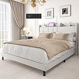 YITAHOME Queen Size Upholstered Bed Frame Bed Frame with Storage Headboard and Charging Station, Solid Wood Slats Support, No Box Spring Needed, Noise-Free, Beige