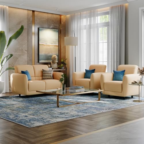 Image of Wakefit Sofa Set | 5 Year Warranty | Sofa 4 Seater, 4 Seater Sofa for Living Room, Wooden Sofa Set, Sofa Set 2+1+1 Seater - Solomon(Robin : Ivory)