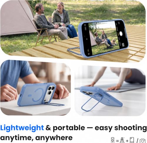 Image of Elzzi Kickstand Case for iPhone 17 Pro Max Case Compatible with MagSafe, Built-in Adjustable Camera Guard Stand, Translucent Matte Anti-Fingerprint Heavy Duty Shockproof Phone Cover - Official Blue
