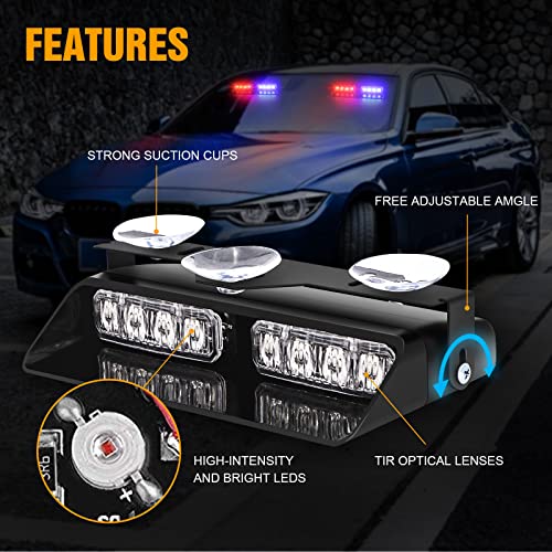 Xridonsen 2 In1 Dash Emergency Strobe Lights Interior Windshield Red Blue Warning Safety Flashing Police Lights Law Enforcement W/Suction Cups For Volunteer Vehicles, Trucks (2×7.16 Inch, 16 Led) #TOP2
