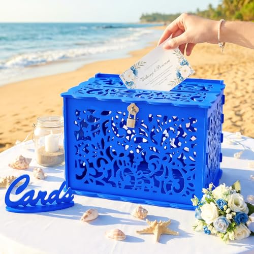 Image of OurWarm Blue Wedding Card Box with Lock, Large PVC Gift Card Boxes for Wedding Decorations for Reception, Durable Money Honeymoon Fund Box for Bridal Shower, Baby Shower & Party Displays