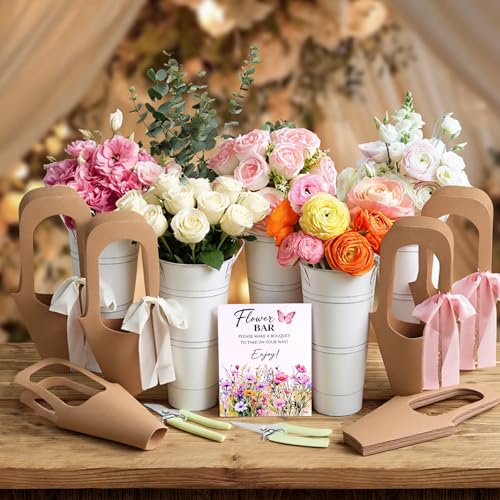 Dualshine Flower Bar Supplies Kit with 6 Flower Buckets 30 Flower Baskets Wooden Sign 2 Garden Shears & 2 Ribbons DIY Bloom Bar Set for Wedding Bridal Shower & Birthday Party Decor