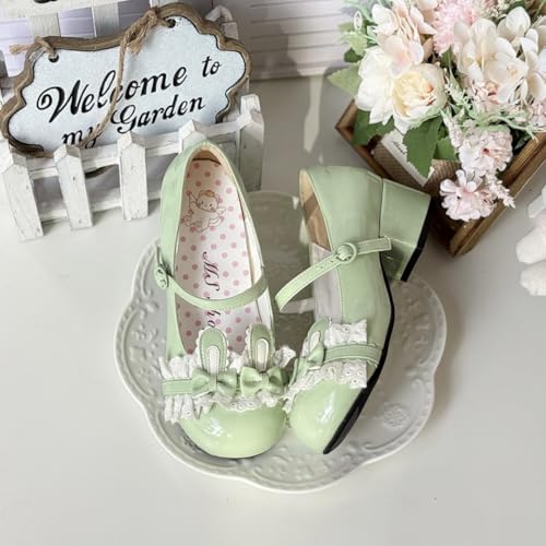 ZQW Cute Bow Bunny Ear Lace Mary Jane Pumps for Women Kawaii Low Block Heel Shoes Comfort Lolita Fashion Cosplay Costume2