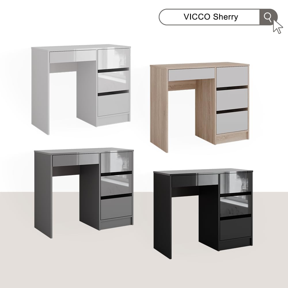 Vicco Bureau Sherry, Blanc Haute Brillance, 90x40cm | avec tiroirs, adapté à une utilisation peu encombrante dans les petits espaces de travail