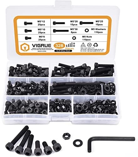 VIGRUE M5 x 8/10/12/20/25/30mm Socket Head Screws, 328PCS 12.9 Grade Alloy Steel M5 Hex Socket Cap Machine Screws Bolts Nuts Washer Assortment Kit, Allen Drive
