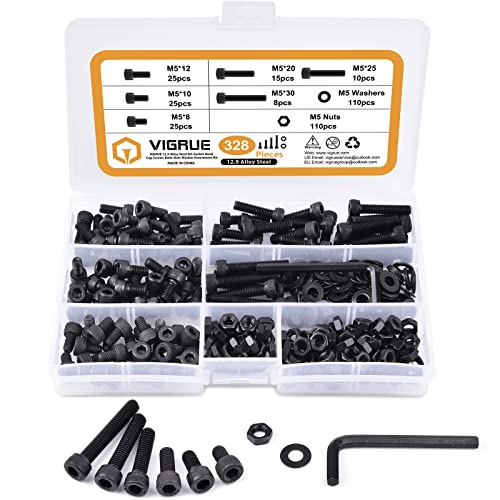 Vigrue M5 X 8/10/12/20/25/30Mm Socket Head Screws, 328Pcs 12.9 Grade Alloy Steel M5 Hex Socket Cap Machine Screws Bolts Nuts Washer Assortment Kit, Allen Drive #TOP12