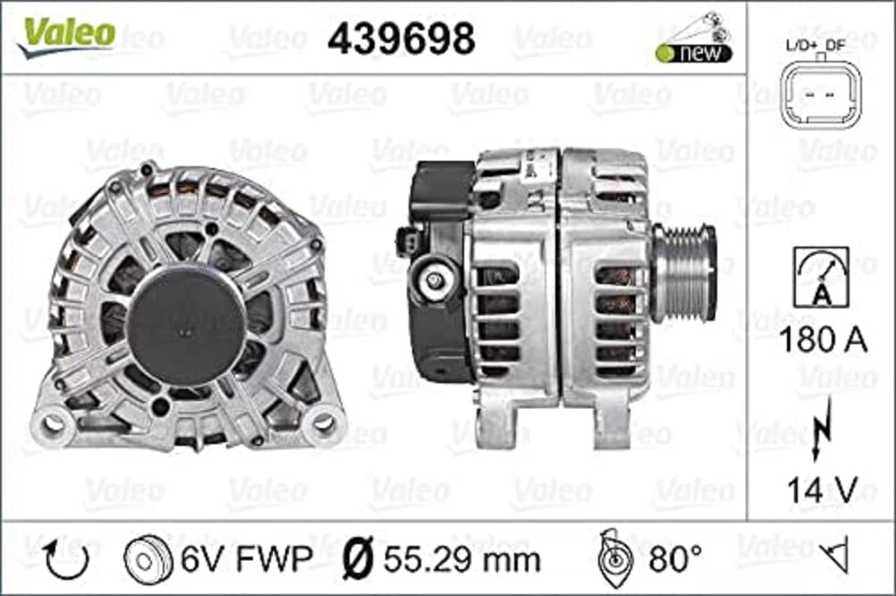 Valeo 439698 Alternatore Amperaggio: 180 Amp Alette: 6 Alette Diametro Puleggia: 55 Mm Voltaggio: 14 V Direzione Di Rotazione: Clockwise-image