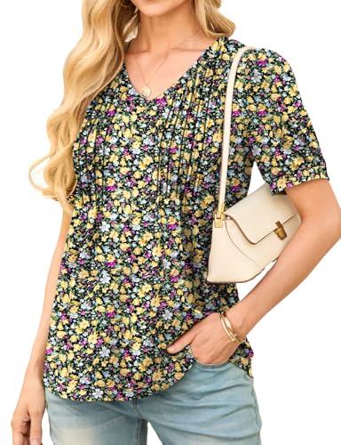 Image of GRECERELLE Ladies Tops V Neck Puff Short Sleeve T Shirt for Women Summer Tunic Tops Womens Casual Pleated Floral Printed Blouses Tee (Black Yellow Flower, L)