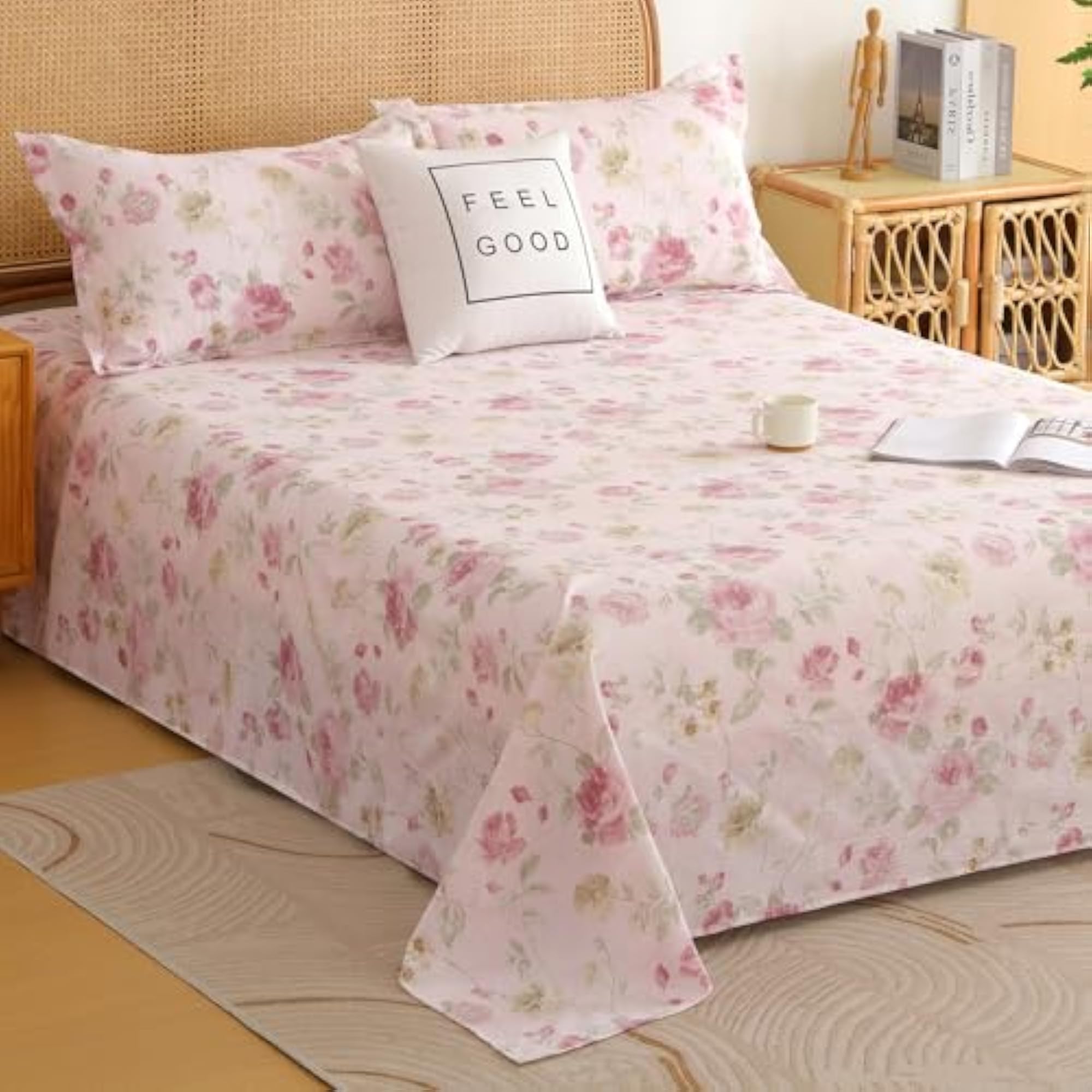 King Size Air Cotton Bedsheet, Pink & Green, 270 x 250 cm