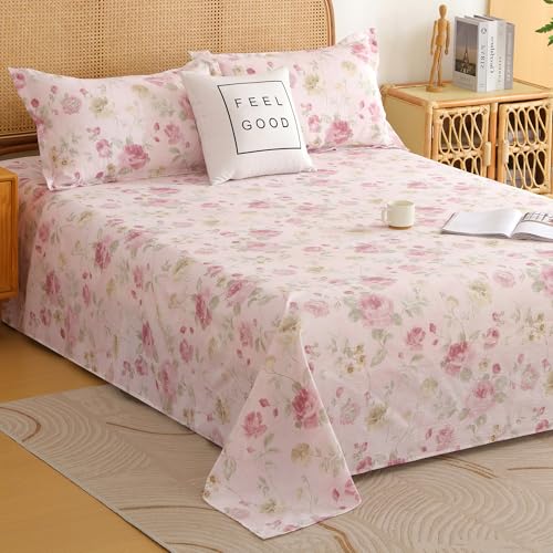 Image of Story@Home 240 TC Air Cotton King Size Bedsheet, Pink & Green, 270 x 250 cm | Air Cotton Flatsheet, Two Pillow Covers, 240 TC, Super Soft, Floral Design