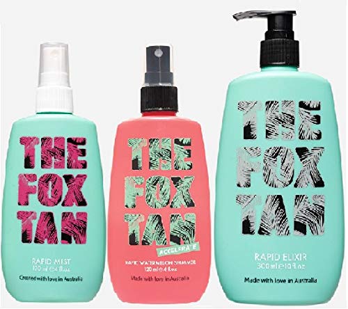(Pack of 3) The Fox Tan Rapid Tanning Mist x 120ml & Rapid WATERMELON Shimmer Tanning Mist x 120ml & Rapid Tanning Elixir 300ml EXTRA LARGE BOTTLE