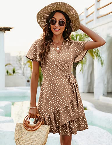 Naggoo Women's Summer Wrap V Neck Polka Dot Print Ruffle Short Sleeve Mini Floral Dress with Belt - Image 4