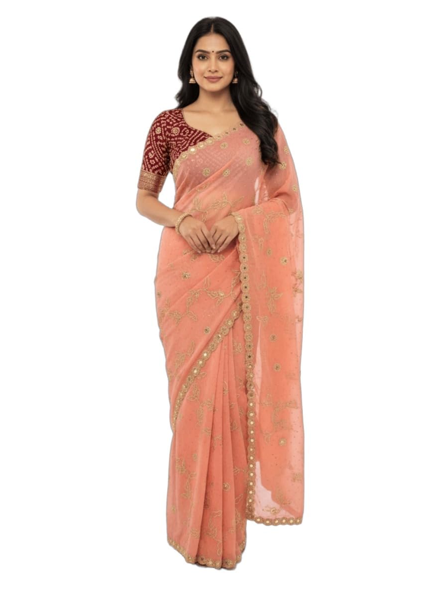 Women’s Georgette Saree with Gold Embroidery Work Designer Saree with Blouse Piece-image-35