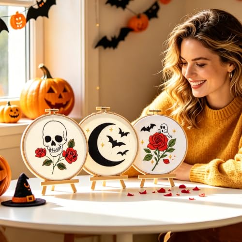 Image of Skull Rose Embroidery Kits for Beginners Adults, Halloween Goth Embroidery Sets Needlepoint Kits, Halloween Stamped Cross Stitch Kits for Beginners Adults, 3 Embroidery Hoops (Attached Video Tutorial)