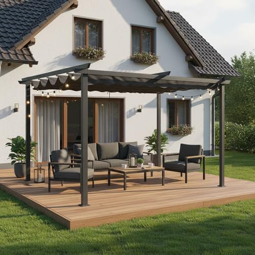 Pergola 9m² mit ausziehbarem Textildach 200g/m² | Pavillon Terrassenüberdachung Schiebedach 3 x 3m anthrazit 9x9cm Pfosten