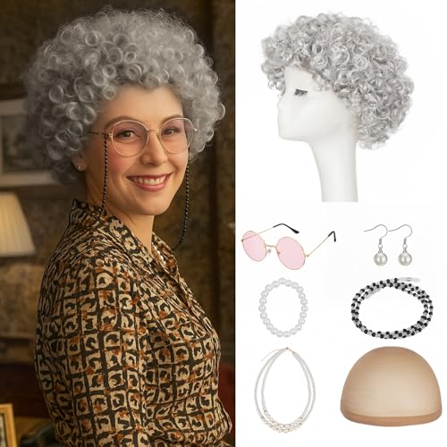 TESS 7 Pcs Old Lady Wig Costume Set, 100 Days of School Grandma Gray Hair Wig Cap Glasses Chain Pearl Bead Necklace for Cosplay Costume, Silver - Pink Glasses, Coily, 10 Inches