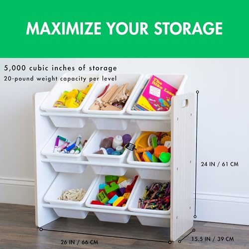 Image of Humble Crew Toy Storage Organizer with 9 Removable Storage Bins for Kids Playroom, 3-Tier Toddler Toy Organization, Light Wood /White