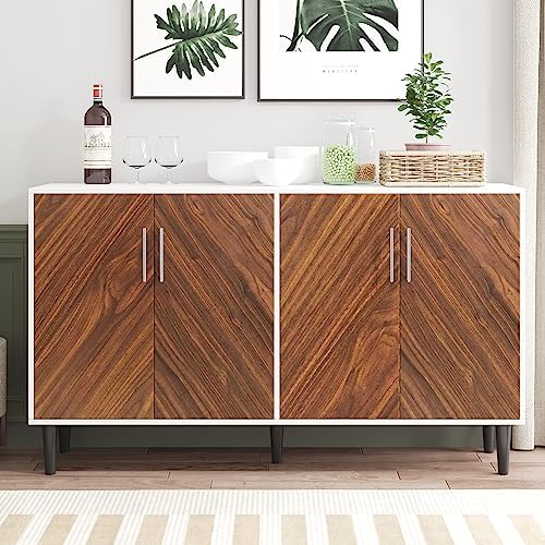 Modern Sideboard Buffet Cabinet with Storage, 58’’ Kitchen Buffet Storage Cabinet, White Buffets and Sideboards with Doors, Mid Century Credenzas with Storage Adjustable Shelf for Living Room