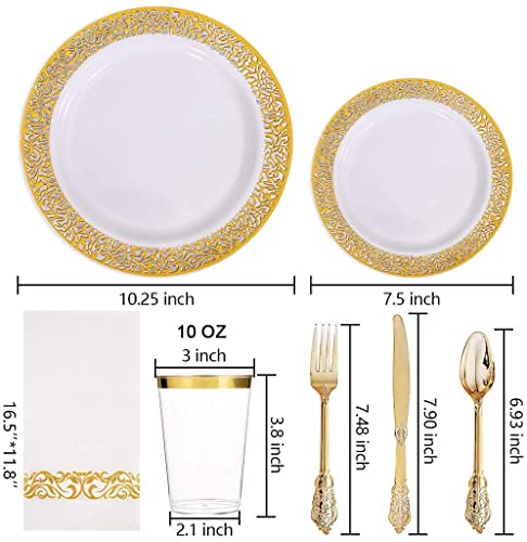 350 Pieces Gold Plastic Dinnerware Set Disposable ( 50 Guest) - 100 Gold Lace Plastic Plates,150 Gold Plastic Silverware,50 Gold Plastic Cups,50 Disposable Napkins #TOP1