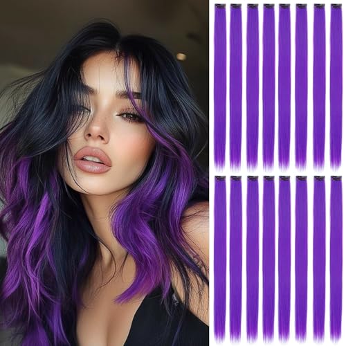 Purple Clip In Hair Extensions - 16 PCS 22 Inch Straight Colored Hair Extensions for Women & Girls | Synthetic Hair Accessories for Halloween Christmas Birthday Party & Cosplay