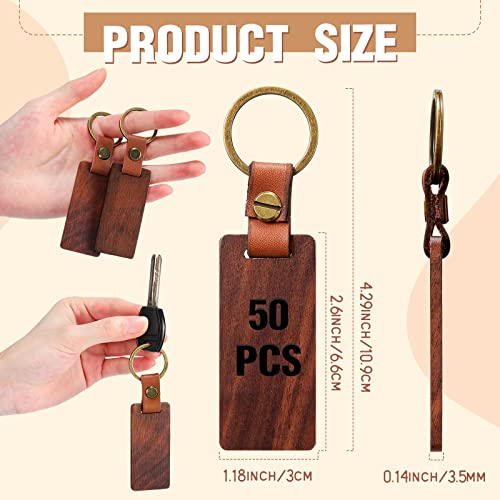 50 Pcs Wooden Keychain Blanks Bulk Wood Keychain Blanks Unfinished Wood Tags With Leather Strap Keyring (Walnut) #TOP1