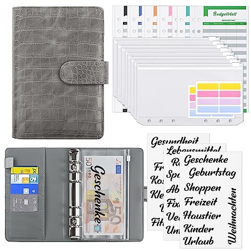 KONVINIT Budget Planner Deutsch,A6 Budget Binder mit Geldumschläge und Budget Blätter,Finanzplaner Umschlagmethode für Sinking Funds Geld Sparen,Bugetplaner Startset,grau