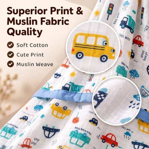 Image of StarAndDaisy Muslin Cotton Blanket 110 x 110 cm, Soft Lightweight Baby Blanket with Colorful Car Print, Breathable Muslin Wrap for Newborns, Infants and Toddlers.