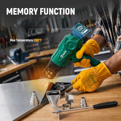 Image of SATA Heat Gun with LCD Display, Variable Temperature 120℉-1200℉ Hot Air Gun with Memory Function and One-Touch Cooling for Vinyl Wrap, Paint Remover, Heat Shrink and Crafts, Anti-Scald Air Nozzle