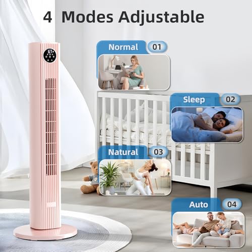 Image of Antarctic Star Tower Fan Portable Floor Fans 85Oscillating Fan Quiet Cooling 12H Timer Remote Control Standing Bladeless Electric 3 Wind Speeds 4 Modes Bedroom Office,36 inch, Pink