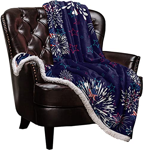 Independence Day Sherpa Fleece Throw Blanket - Patriotic And Firework On Blue Background Fluffy Super Soft Microfiber Blanket Fuzzy Blanket For Couch Bed Sofa 60 X 80 Inches #TOP1