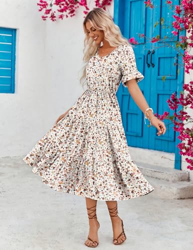 Zeagoo Women's Summer Dresses Midi Tiered Casual Dress Floral V Neck Ruffle Short Sleeve Flowy Beach Dress with Pockets2