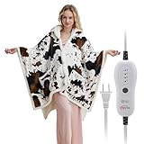 Heated Electric Blanket Shawl Cow Print Wearable Heated Blanket with Hood & Pocket, Winter Gifts for Adults, Soft Heating Blanket Throw with 4 Heat Levels & Auto Shut-Off, Cow Print, 50' x 64'