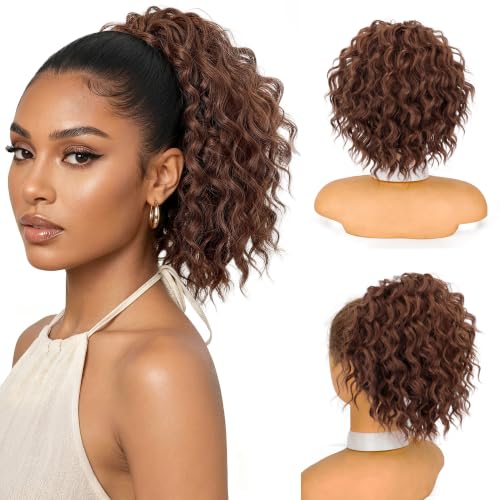 Isaic Ponytail Extension Short Curly Drawstring for Black Women，8 Inch