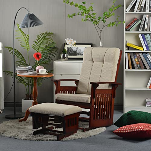 Dvasovio Rustic Glider Chair For Nursery With Ottoman, Resistant Rubber Wood Nursery Glider And Ottoman Sets For Relaxing, Rocking Chair For Living Room Bedroom, Cherry #TOP7