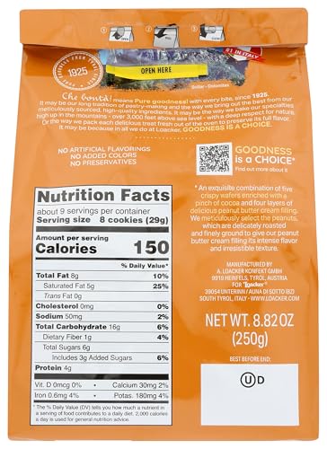 Image of Loacker Quadratini Peanut Butter bite-size Wafer Cookies - 30% Less Sugar - Premium Crispy Wafers with Peanut Butter cream filling - great for snacks & desserts- Non GMO - LARGE Snack Bag 250g /8.82oz