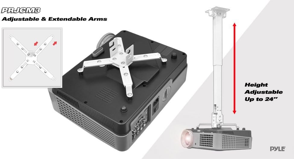 Pyle Universal Projector Ceiling Mount Kit - Full Motion Mount Bracket with Telescoping Height and Angle Adjustment, Extendable Arms Rotating Swivel Kit for Home and Office - Pylehome PRJCM3, White : Electronics