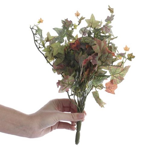 Group of 4 Natural-Looking Faux English Ivy Bushes with Broad Fan Shaped Variegated Green and Orange Leaves