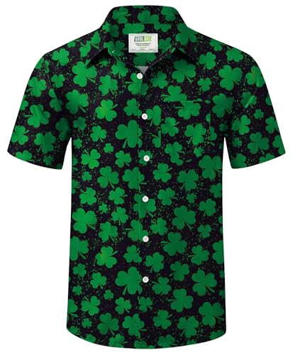 Arvilhill Camisa estampada con botones para hombre del Día de San Patricio, Negro - Trébol de tres hojas, Large