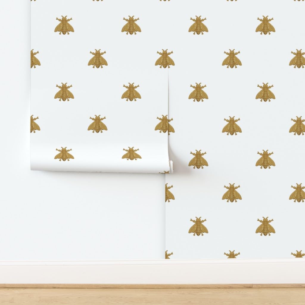 Spoonflower Peel & Stick Wallpaper 9ft x 2ft - Bees White Antique Gold French Bee Insect Nature Vintage Custom Removable Wallpaper
