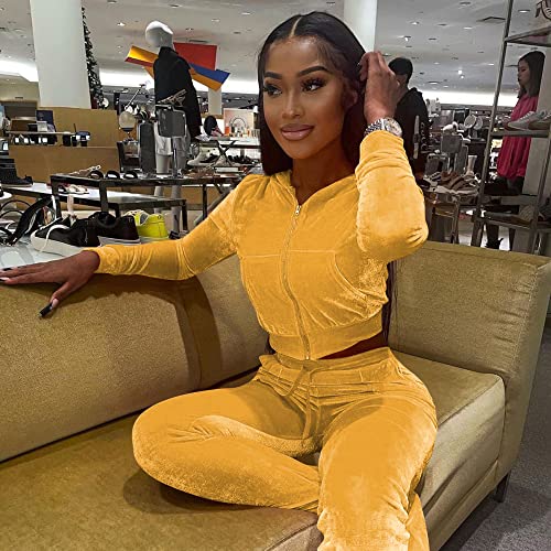 Yidengymx Womens Velour Jogger Tracksuit Two Piece Outfits For Women, Long Sleeve Hooded Zip Up Crop Tops Jacket Flared Pants Matching Set Sportswear Jogging Sweatsuit With Pockets #TOP4