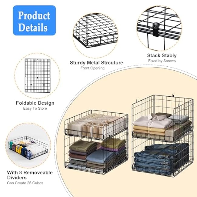 4 Pack Closet Organizers and Storage Shelves for Clothes, 4 Tier Stackable Closet Storage Basket Bin Container for Clothing Sweater Jean, Narrow, Foldable, Sturdy Metal Closet System Organizer Shelf
