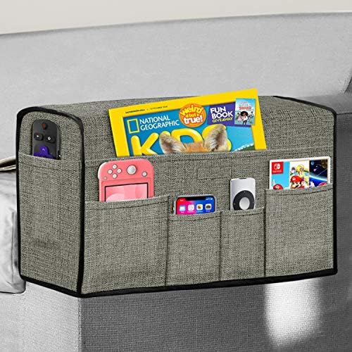 Joywell Recliner Narrow Linen Armrest Covers for Living Room Anti-Slip Sofa Arm Protector for Dogs, Cats, Pets Armchair Slipcover for Couch with 4 Pockets for TV Remote Control, Phone, Set of 2, Gray