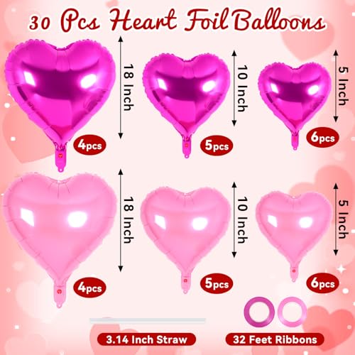 Image of 30 Pcs Pink and Rose Red Heart Balloons, 3 Sizes Heart Foil Mylar Balloon, Valentine Day Party Decorations, Love Balloon Valentine Balloons for Birthday Party Wedding Baby Shower