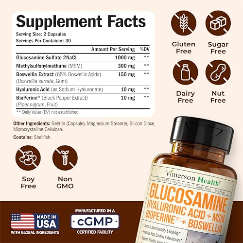 Glucosamine Sulfate with Hyaluronic Acid, Boswellia, Black Pepper & MSM Supplement – 5-in-1 Joint Supplements for Men and Women – Joint Health, Mobility & Bone Strength – FSA Eligible 60 Caps