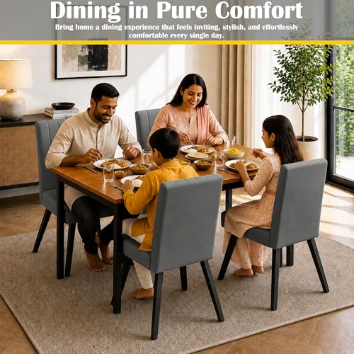 Image of Rosebell Set of 4 Dining Table Chairs with Wooden Top Table, Upholstered Cushioned Chairs, Modern Compact Dining Set for Home, Kitchen & Dining Room (Grey)