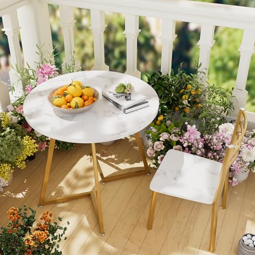 Image of VECELO Round Dining Room Table with Wood Grain Tabletop and Steel Frame, for Kitchen, Living Room, Office, Conference, 2 to 4 Person, White & Gold